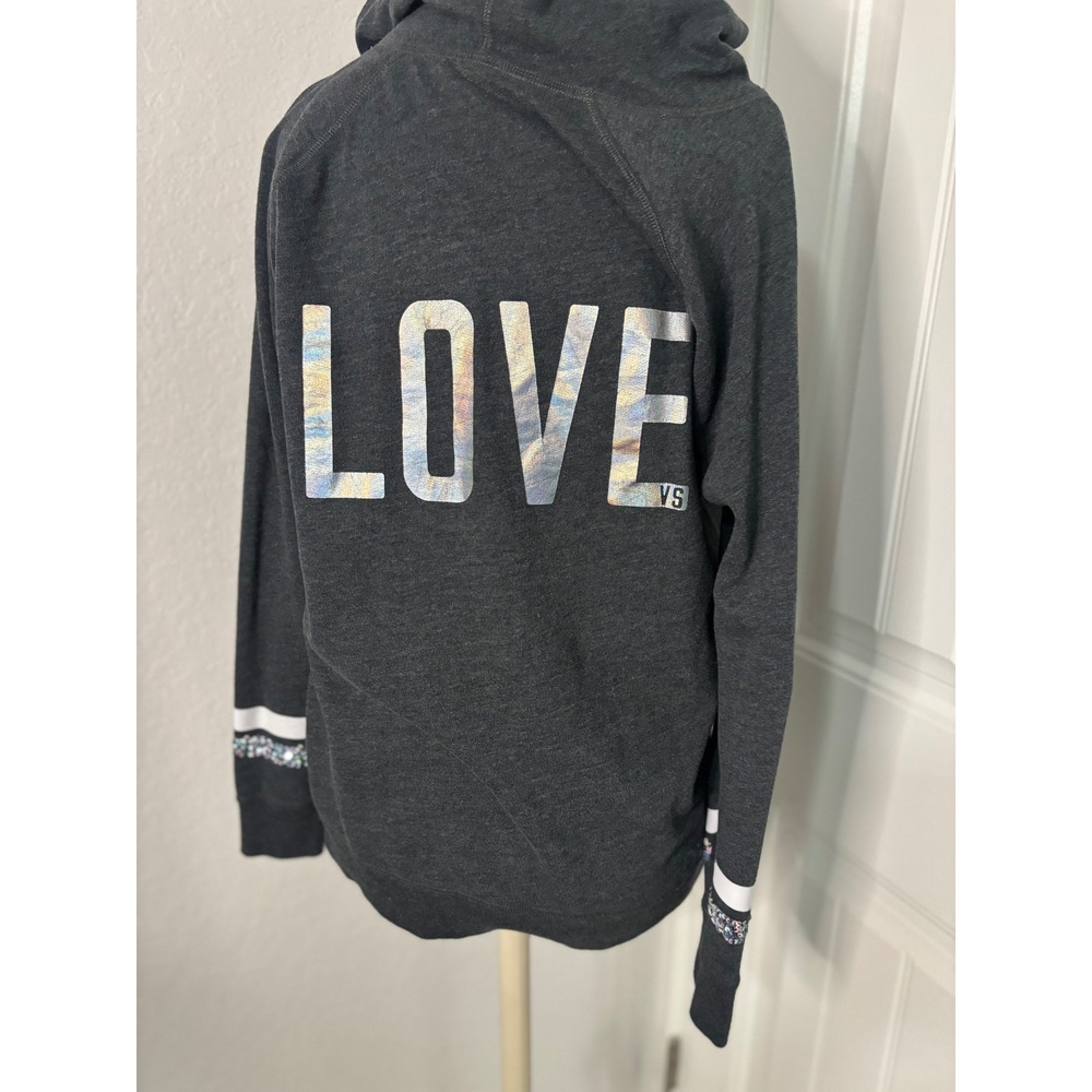 Victoria's‎ Secret Grey Hoodie LOVE Graphic Sequins Sleeves Women's M